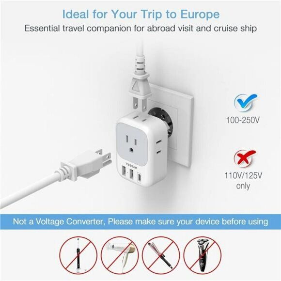 Travel Plug Adapter USB C TESSAN International Plug Adapter with 4 AC Outlets a - Picture 4 of 7